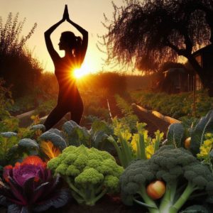 Woman stands in garden of healing foods