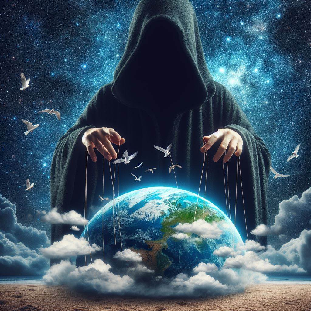 image of hooded figure puppeteering the clouds and birds