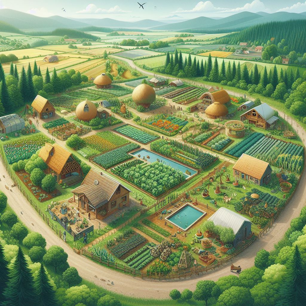 futuristic and primitive permaculture village